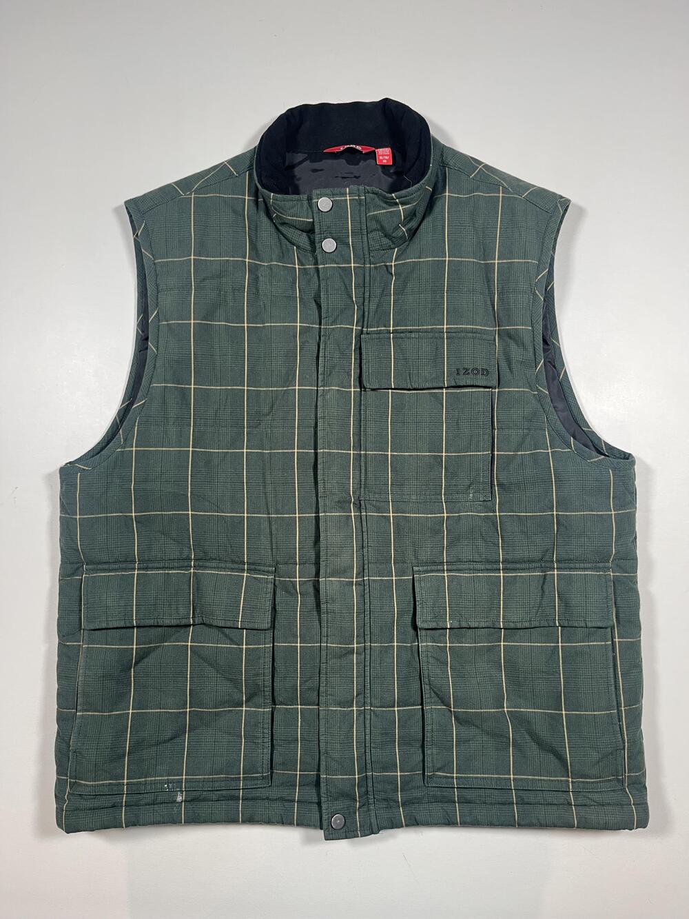 IZOD Vest Mens XL Green Plaid Quilted Insulated Snap Pockets Lined Outdoor